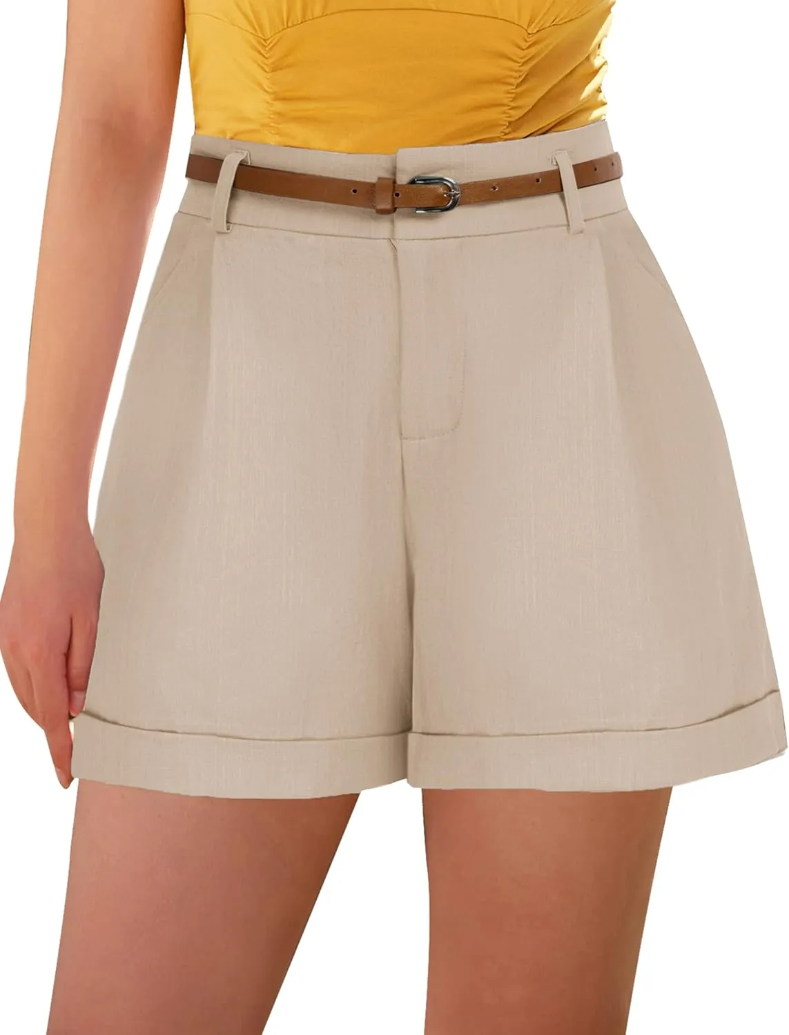 Belle Poque Women Bermuda Shorts Elastic Waist Wide Leg Shorts with Pockets & Belts