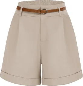 Belle Poque Women Bermuda Shorts Elastic Waist Wide Leg Shorts with Pockets & Belts