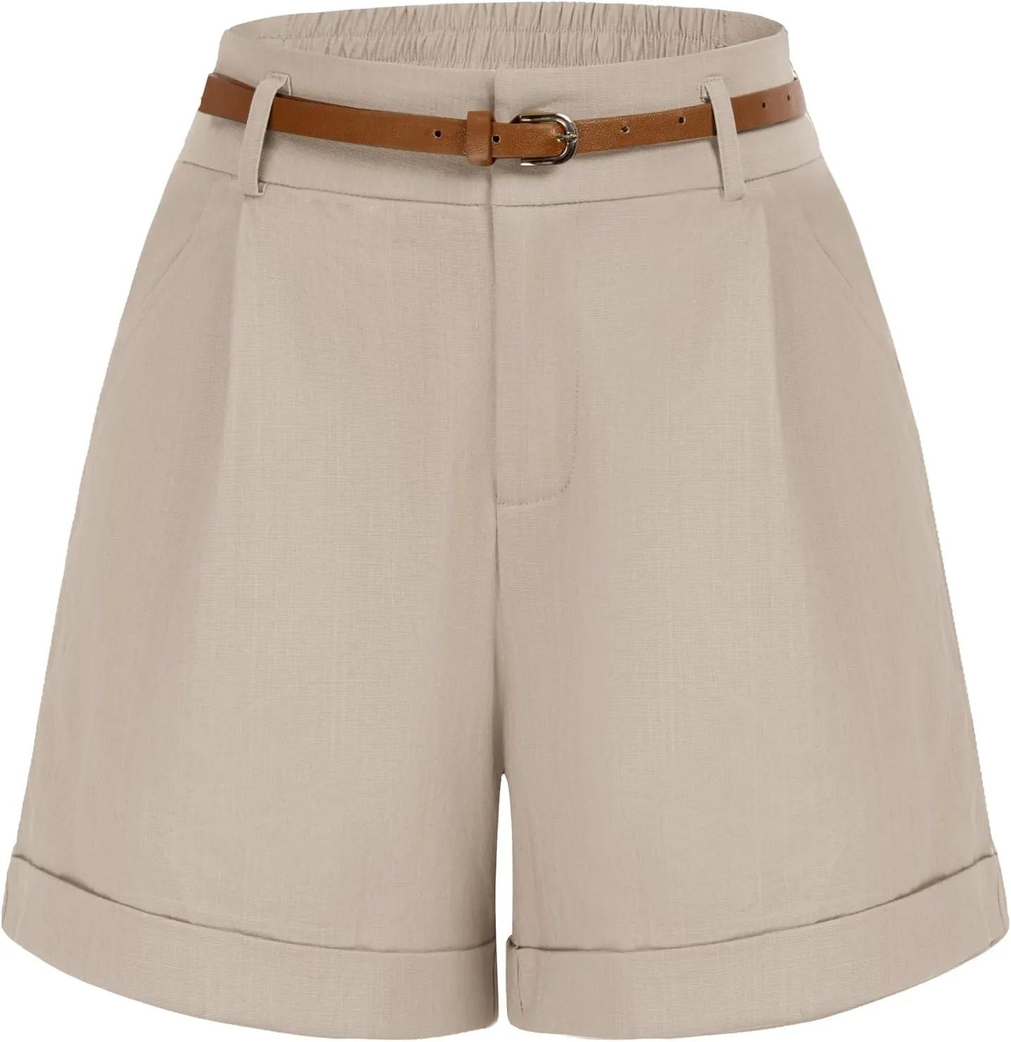 Belle Poque Women Bermuda Shorts Elastic Waist Wide Leg Shorts with Pockets & Belts