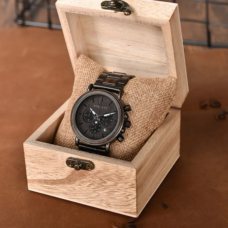 BOBO BIRD Wood Men Watch Relogio Masculino Top Brand Luxury Stylish Chronograph Military Watches Timepieces in Wooden Gift Box
