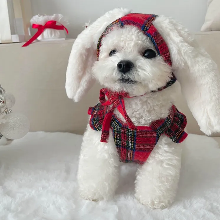 Christmas Bow Skirt   Rabbit Headgear Set Pet Clothes