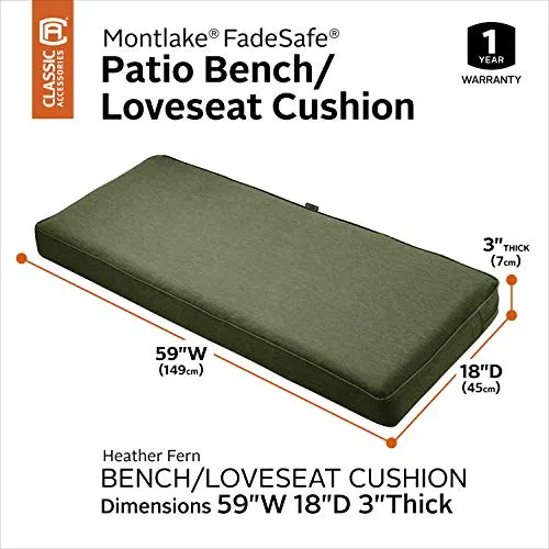 Classic Accessories Montlake Water-Resistant 59 x 18 x 3 Inch Outdoor Bench/Settee Cushion, Patio Furniture Swing Cushion, Heather Fern Green, Patio Loveseat Cushion