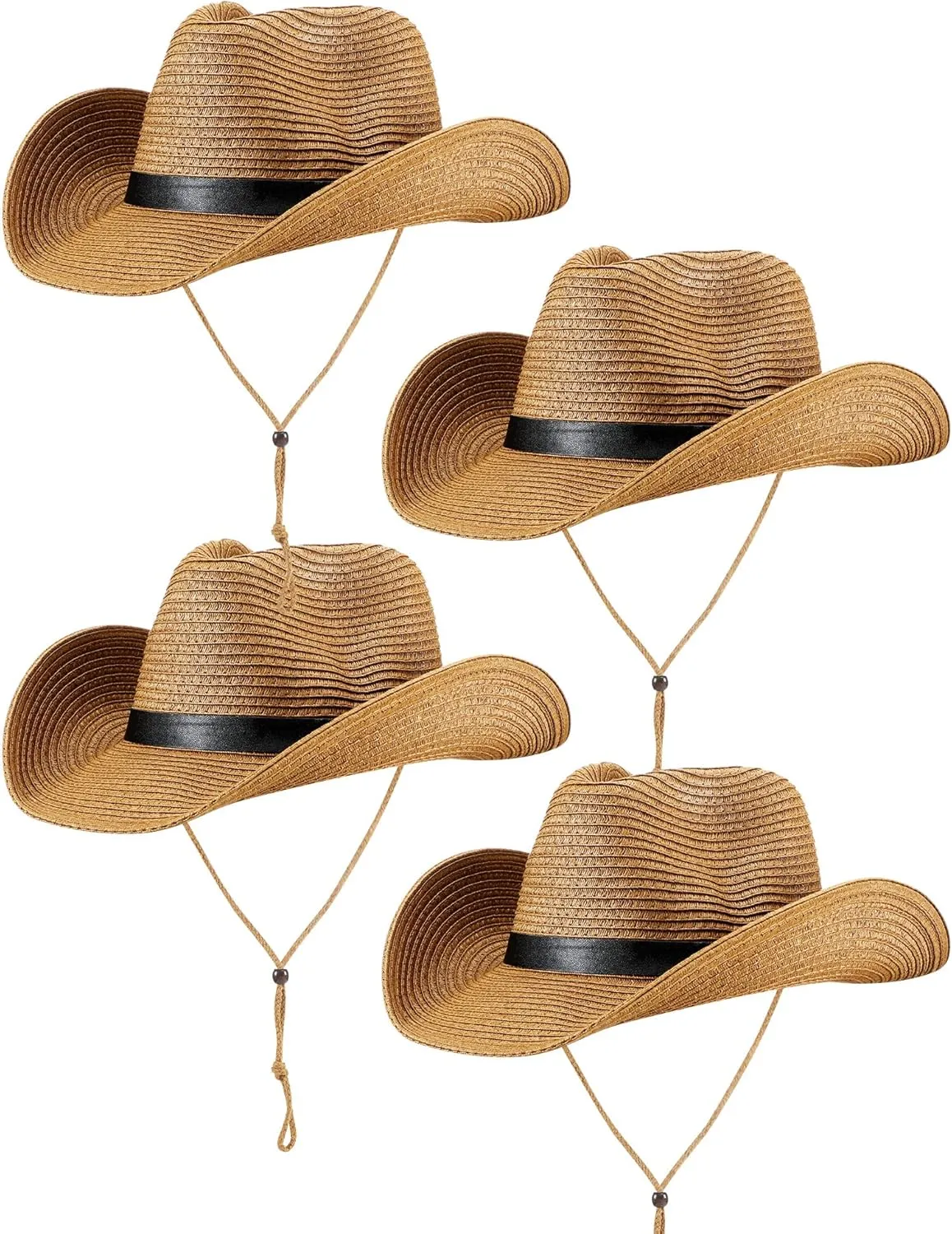 Giegxin 4 Pcs Summer Straw Hats Western Cowboy Cowgirl Hats Wide Brim for Farmer Sun Beach Men Women with Wind Lanyard