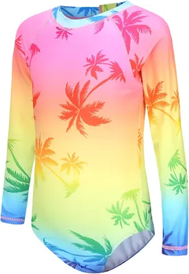 Girls Long Sleeve Rash Guard One Piece Swimsuit Kids UPF 50  Sun Protection Swimwear Rainbow Striped Bathing Suit 3-14 Years