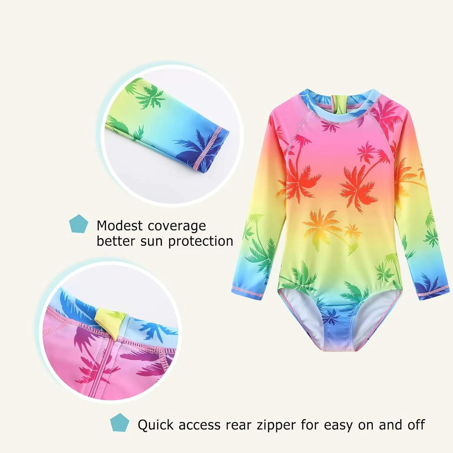 Girls Long Sleeve Rash Guard One Piece Swimsuit Kids UPF 50  Sun Protection Swimwear Rainbow Striped Bathing Suit 3-14 Years