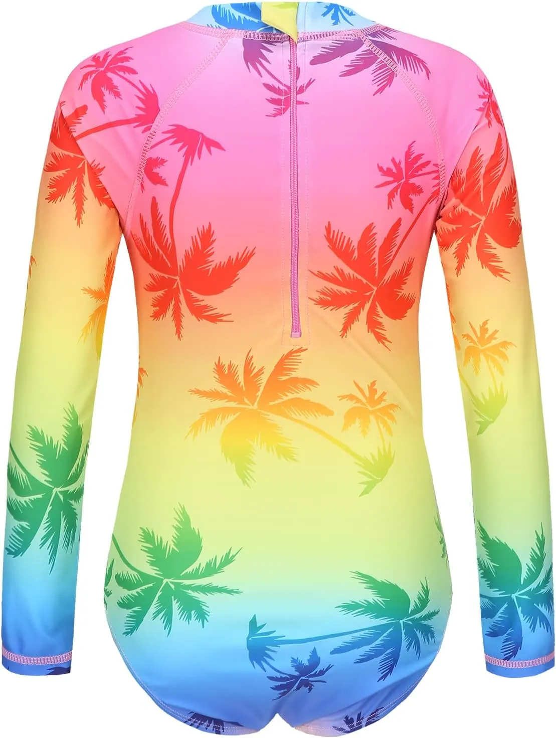 Girls Long Sleeve Rash Guard One Piece Swimsuit Kids UPF 50  Sun Protection Swimwear Rainbow Striped Bathing Suit 3-14 Years