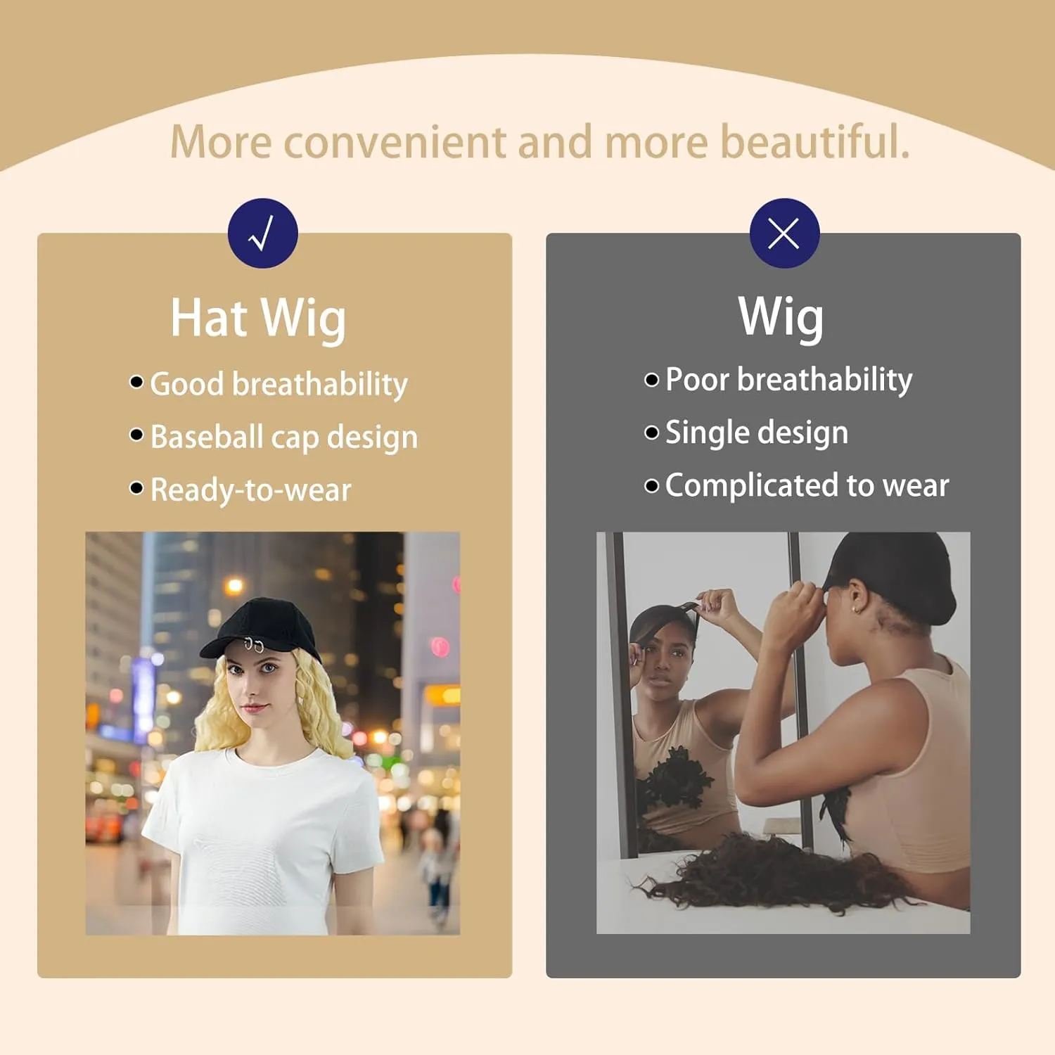 Hat Wig for Women Baseball Cap with Hair hat with hair attached for women Extensions Adjustable Hat Attached 29" Long Wavy Hairpieces Synthetic Wig