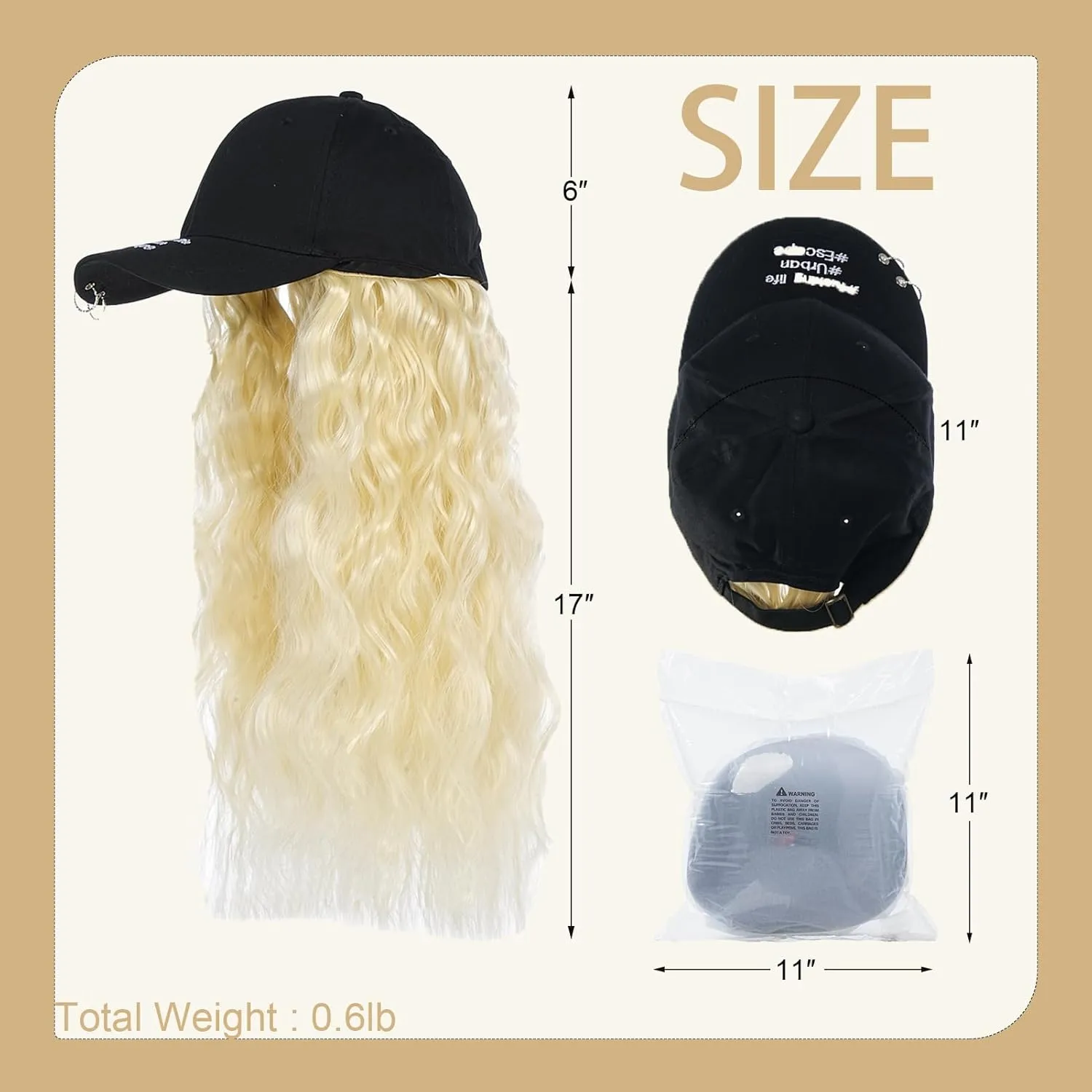 Hat Wig for Women Baseball Cap with Hair hat with hair attached for women Extensions Adjustable Hat Attached 29" Long Wavy Hairpieces Synthetic Wig