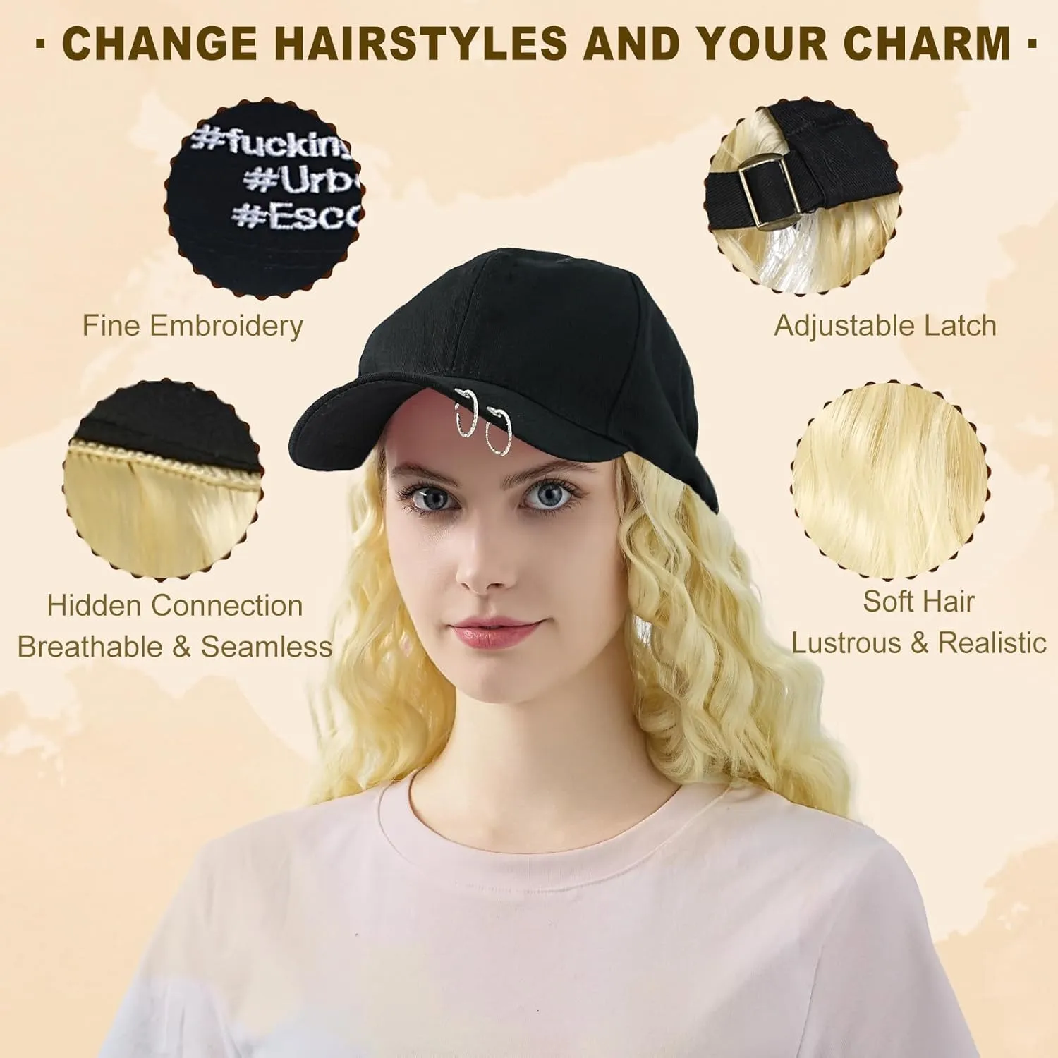Hat Wig for Women Baseball Cap with Hair hat with hair attached for women Extensions Adjustable Hat Attached 29" Long Wavy Hairpieces Synthetic Wig