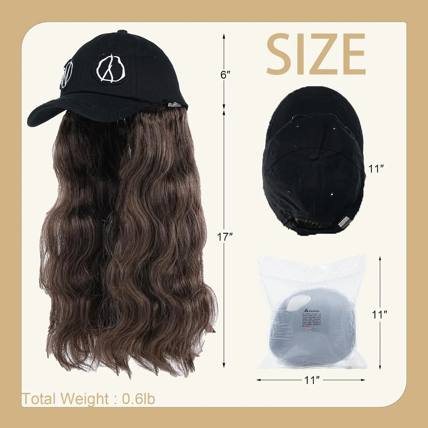 Hat Wig for Women Baseball Cap with Hair hat with hair attached for women Extensions Adjustable Hat Attached 37" Long Wavy Hairpieces Synthetic Wig