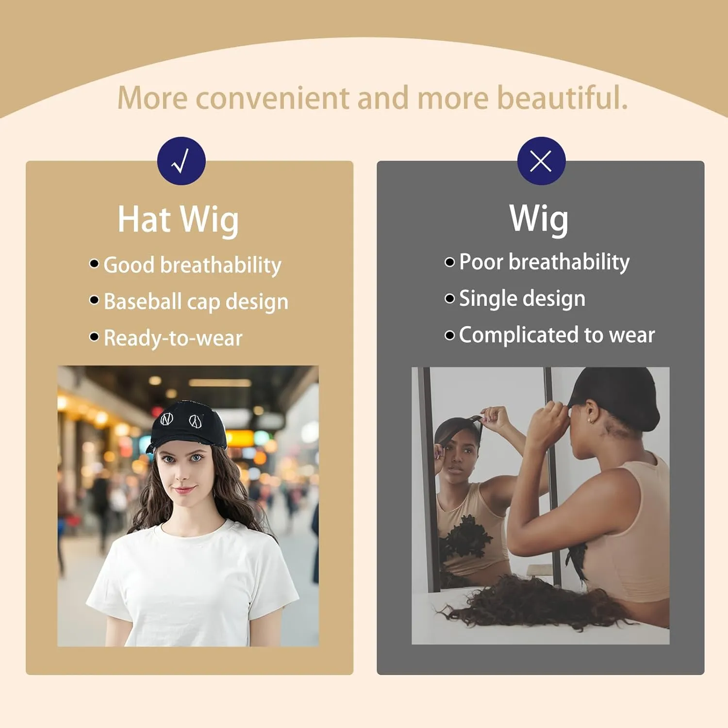 Hat Wig for Women Baseball Cap with Hair hat with hair attached for women Extensions Adjustable Hat Attached 37" Long Wavy Hairpieces Synthetic Wig