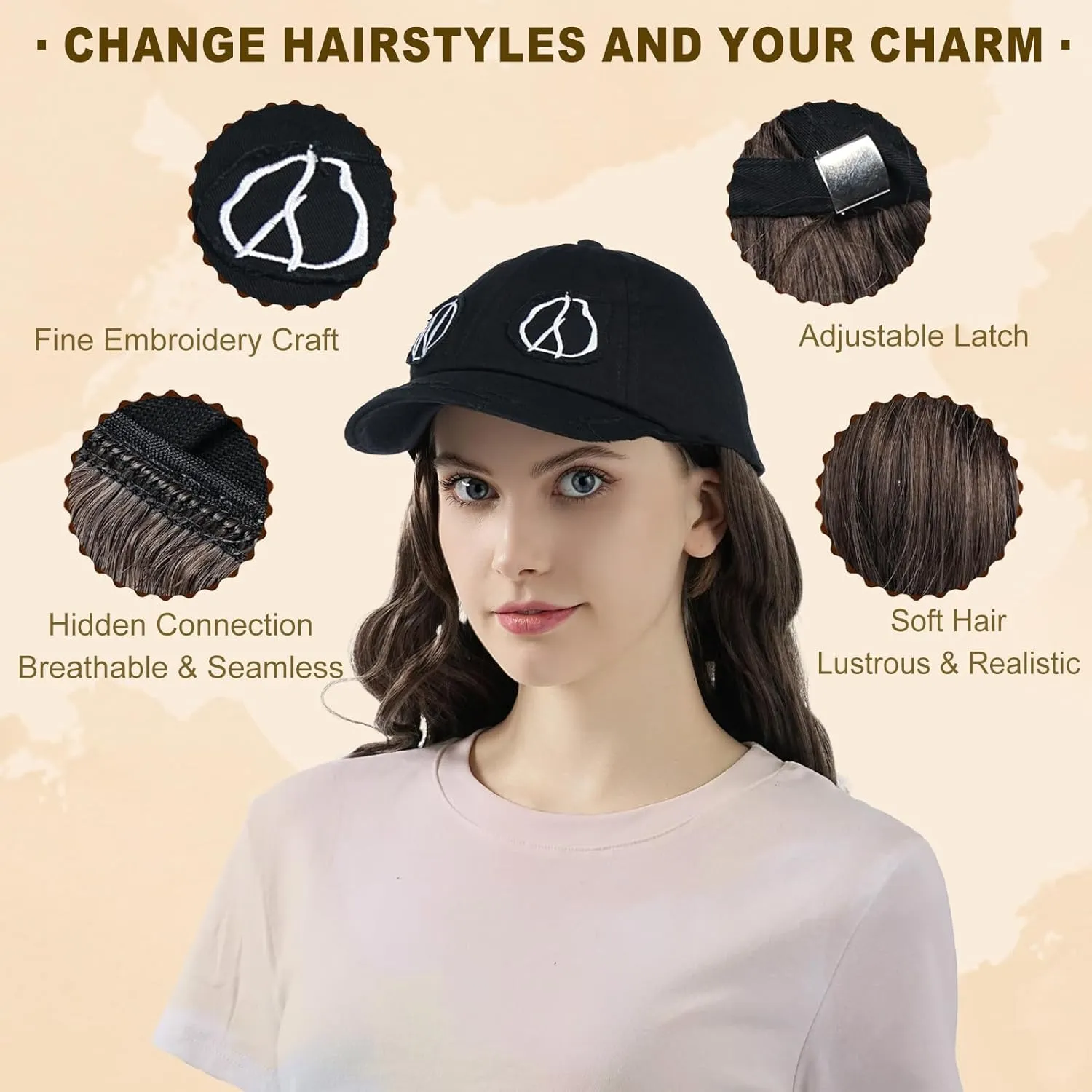 Hat Wig for Women Baseball Cap with Hair hat with hair attached for women Extensions Adjustable Hat Attached 37" Long Wavy Hairpieces Synthetic Wig