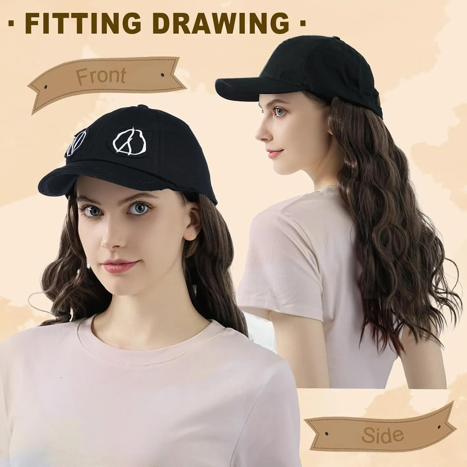 Hat Wig for Women Baseball Cap with Hair hat with hair attached for women Extensions Adjustable Hat Attached 37" Long Wavy Hairpieces Synthetic Wig