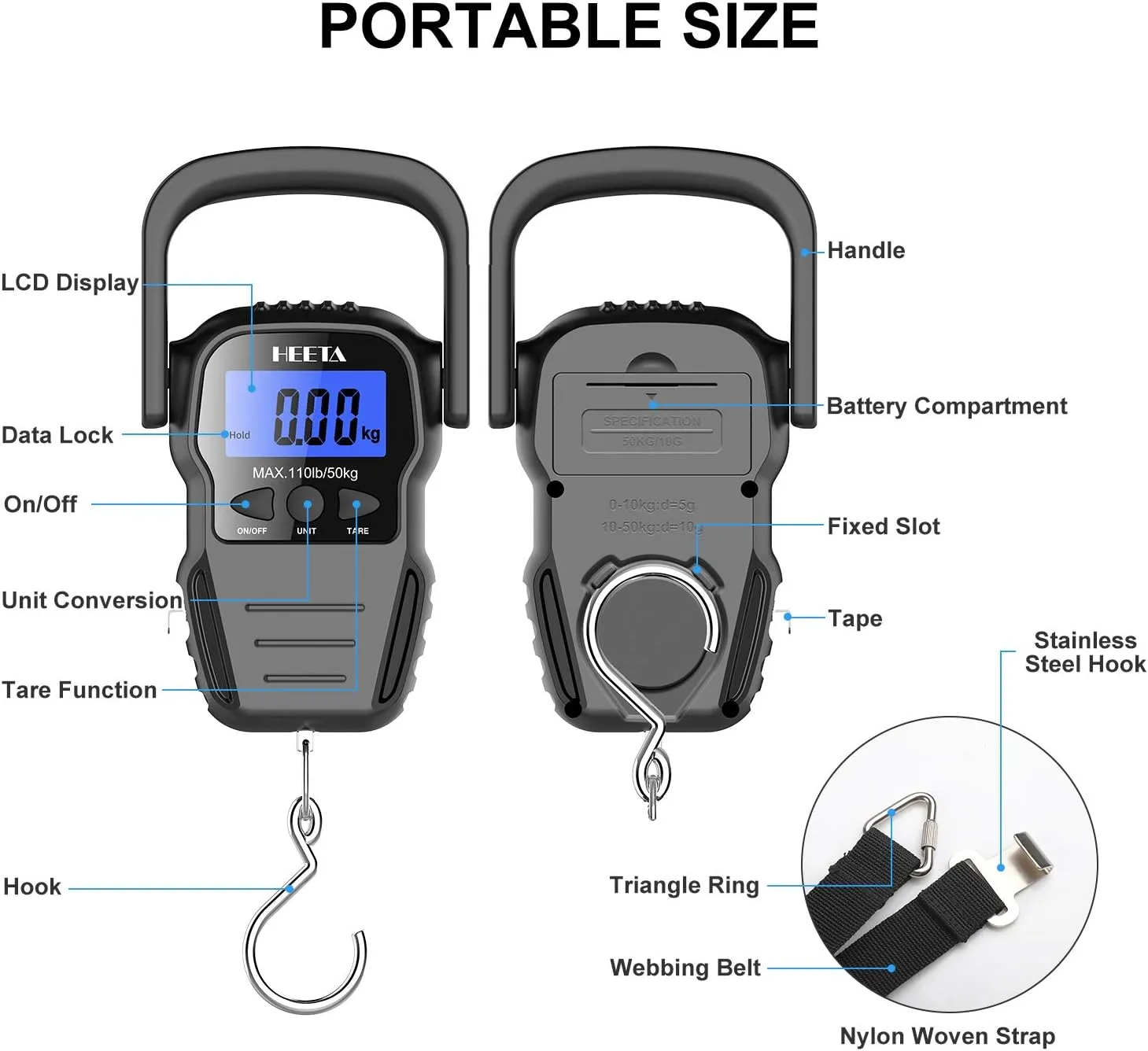 HEETA Fish Scale with Backlit LCD Display, Up to 110lb/50kg Digital Portable Hanging Fish Weight Scale with Hook & Measuring Tape for Home, Farm, Outdoor, Hunting, Fishing, 2 AAA Batteries Included