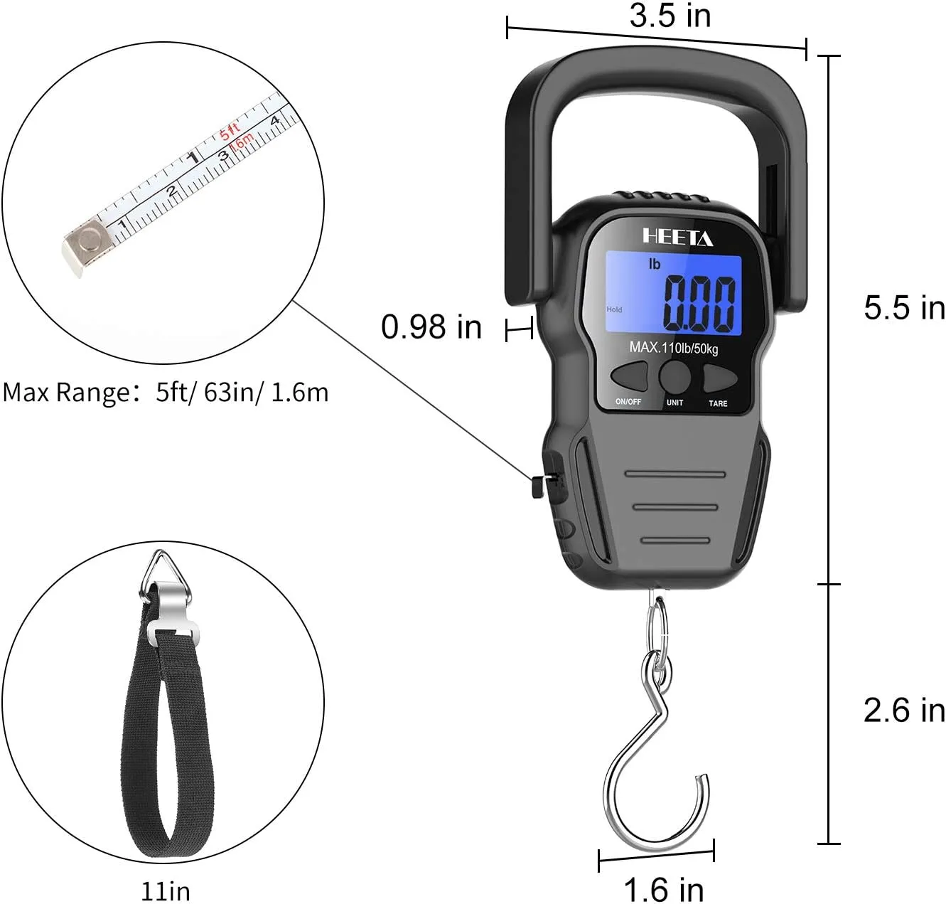 HEETA Fish Scale with Backlit LCD Display, Up to 110lb/50kg Digital Portable Hanging Fish Weight Scale with Hook & Measuring Tape for Home, Farm, Outdoor, Hunting, Fishing, 2 AAA Batteries Included