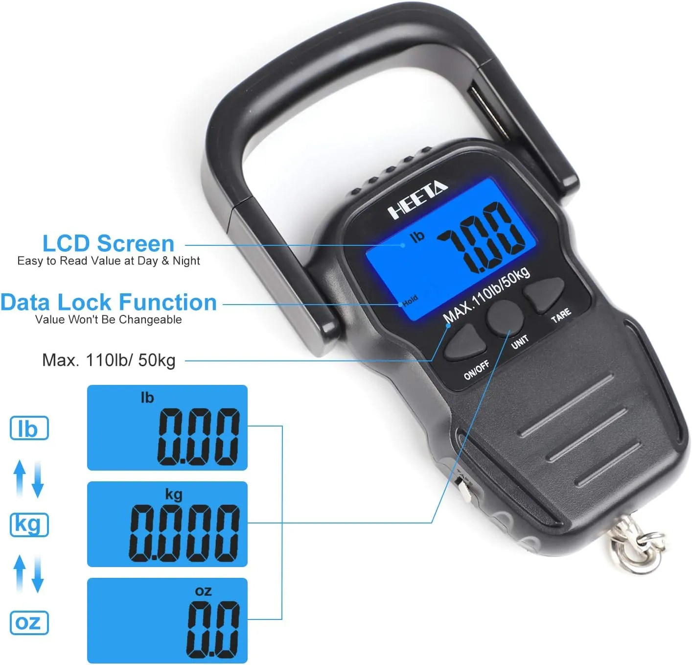 HEETA Fish Scale with Backlit LCD Display, Up to 110lb/50kg Digital Portable Hanging Fish Weight Scale with Hook & Measuring Tape for Home, Farm, Outdoor, Hunting, Fishing, 2 AAA Batteries Included