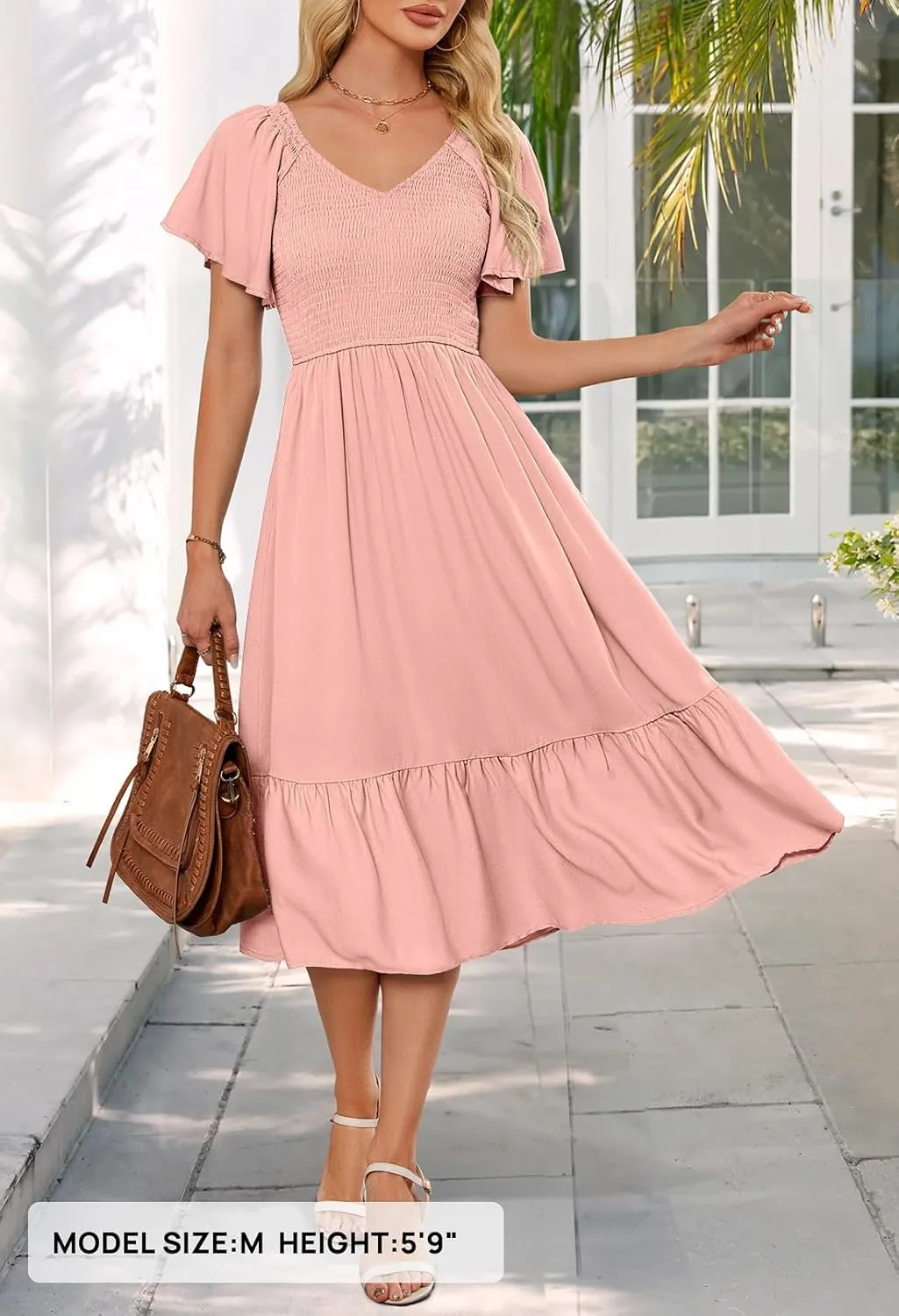 MEROKEETY Women's Summer Casual V Neck Ruffle Sleeve Smocked High Waist Midi Dress with Pockets