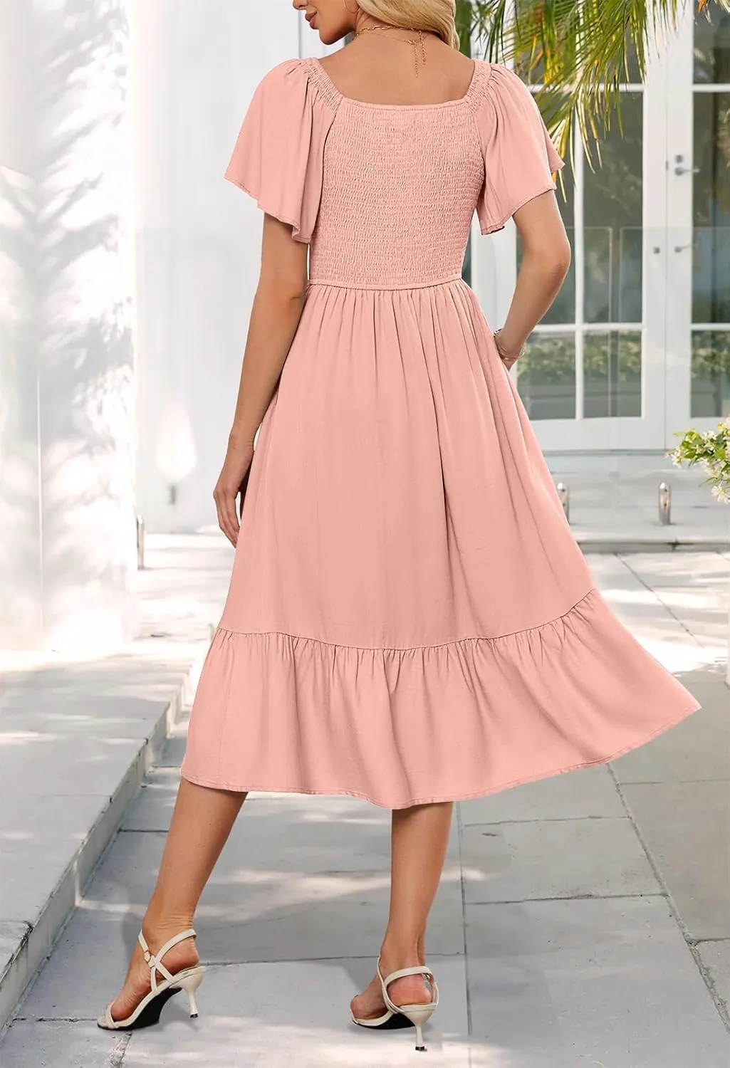 MEROKEETY Women's Summer Casual V Neck Ruffle Sleeve Smocked High Waist Midi Dress with Pockets