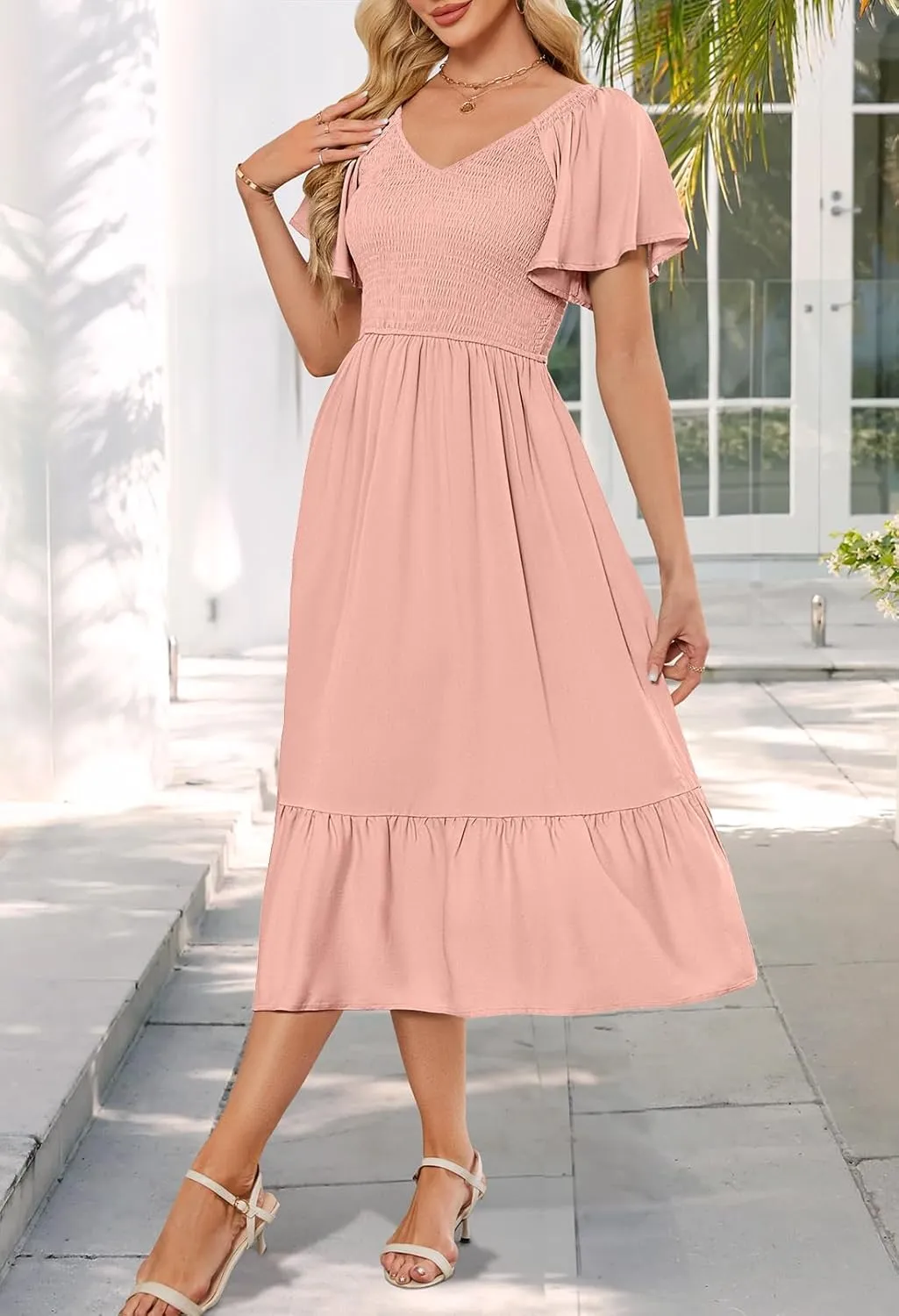 MEROKEETY Women's Summer Casual V Neck Ruffle Sleeve Smocked High Waist Midi Dress with Pockets