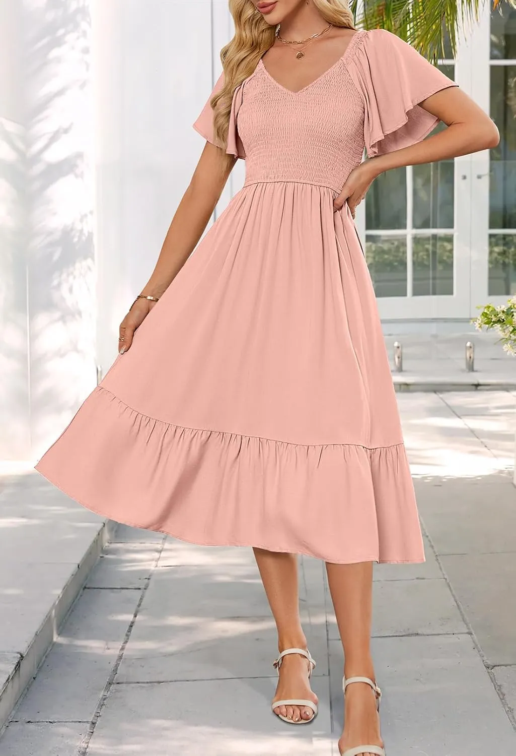 MEROKEETY Women's Summer Casual V Neck Ruffle Sleeve Smocked High Waist Midi Dress with Pockets
