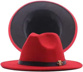 NC Two-Colors Patchwork Fedora Hats with M Leather Band Women Party Felted Bowler Cap Casual Men Wide Brim Church Fedoras (red and Black)