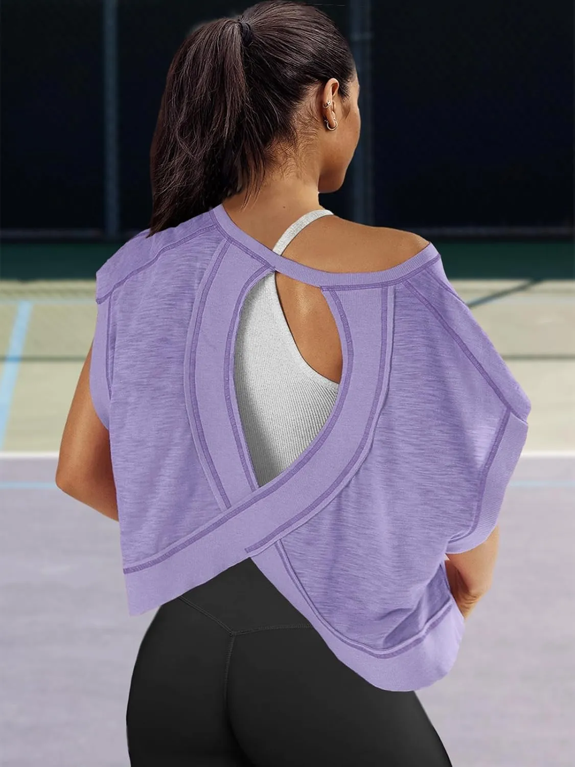 Panadila Womens Open Back Workout Top Oversized Workout T Shirts Backless Athletic Shirt Short Sleeve Baby Tee