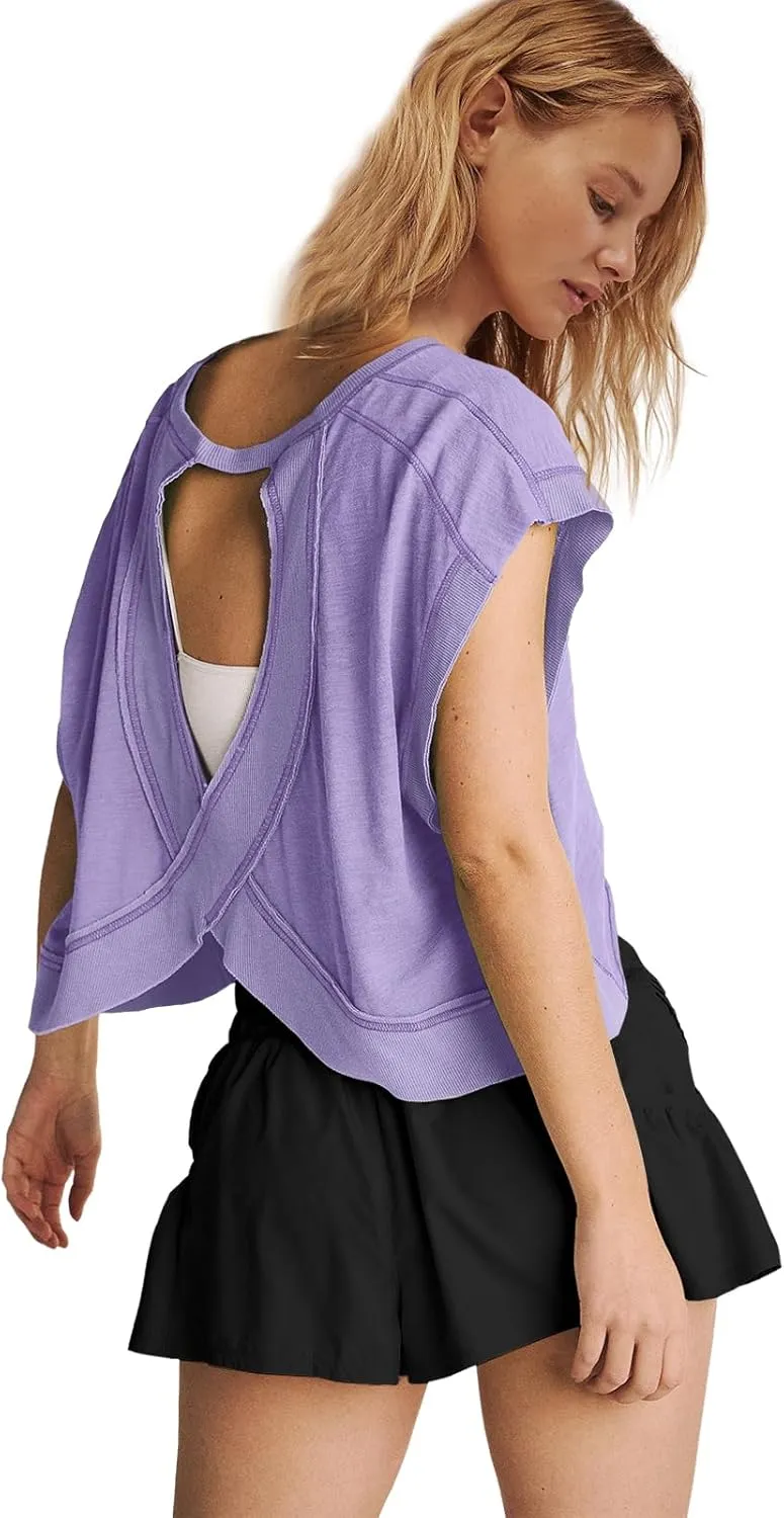Panadila Womens Open Back Workout Top Oversized Workout T Shirts Backless Athletic Shirt Short Sleeve Baby Tee