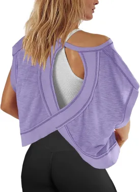 Panadila Womens Open Back Workout Top Oversized Workout T Shirts Backless Athletic Shirt Short Sleeve Baby Tee