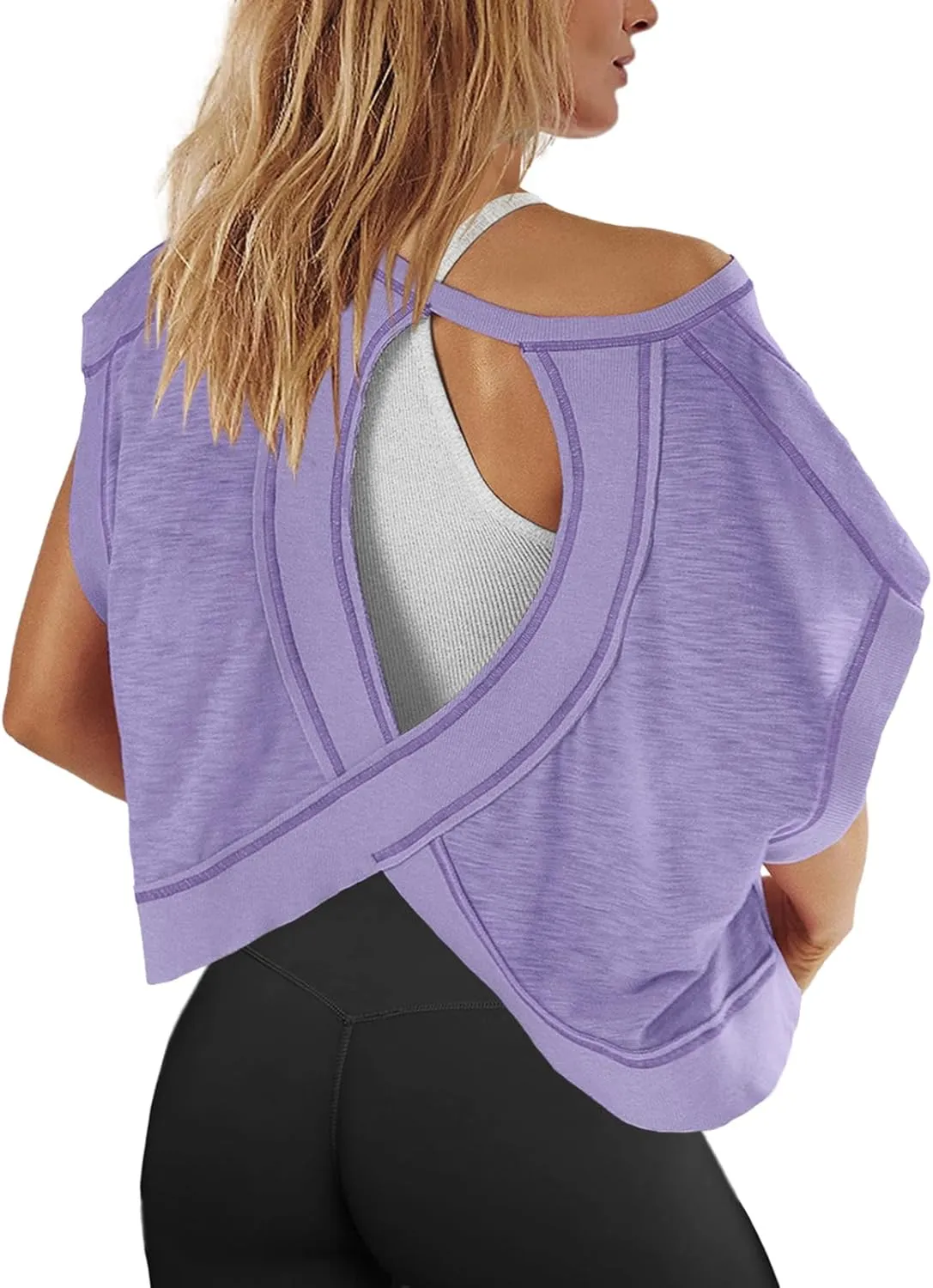 Panadila Womens Open Back Workout Top Oversized Workout T Shirts Backless Athletic Shirt Short Sleeve Baby Tee