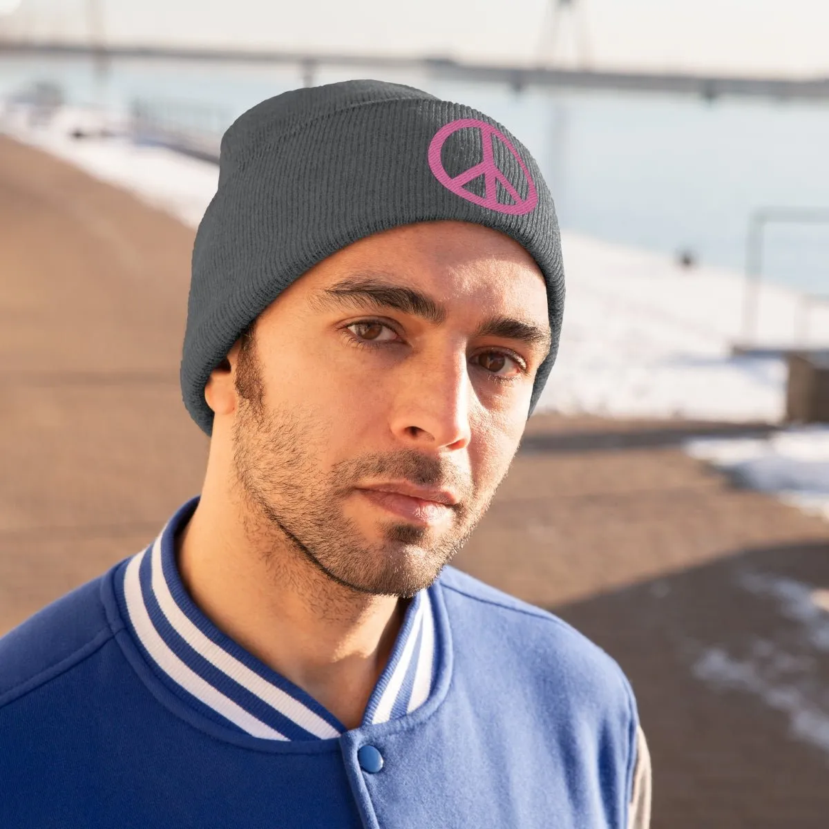 Pink Peace Sign Knit Beanie