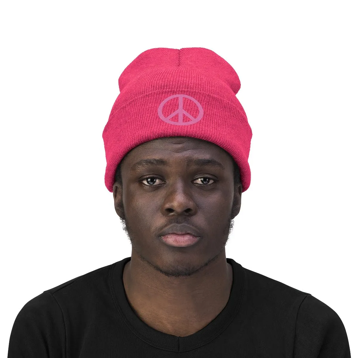 Pink Peace Sign Knit Beanie