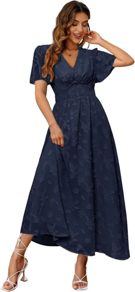 Simplee Women's Boho Floral Maxi Dress Flowy Casual V Neck Short Sleeve Wedding Guest Holiday Beach Long Dress