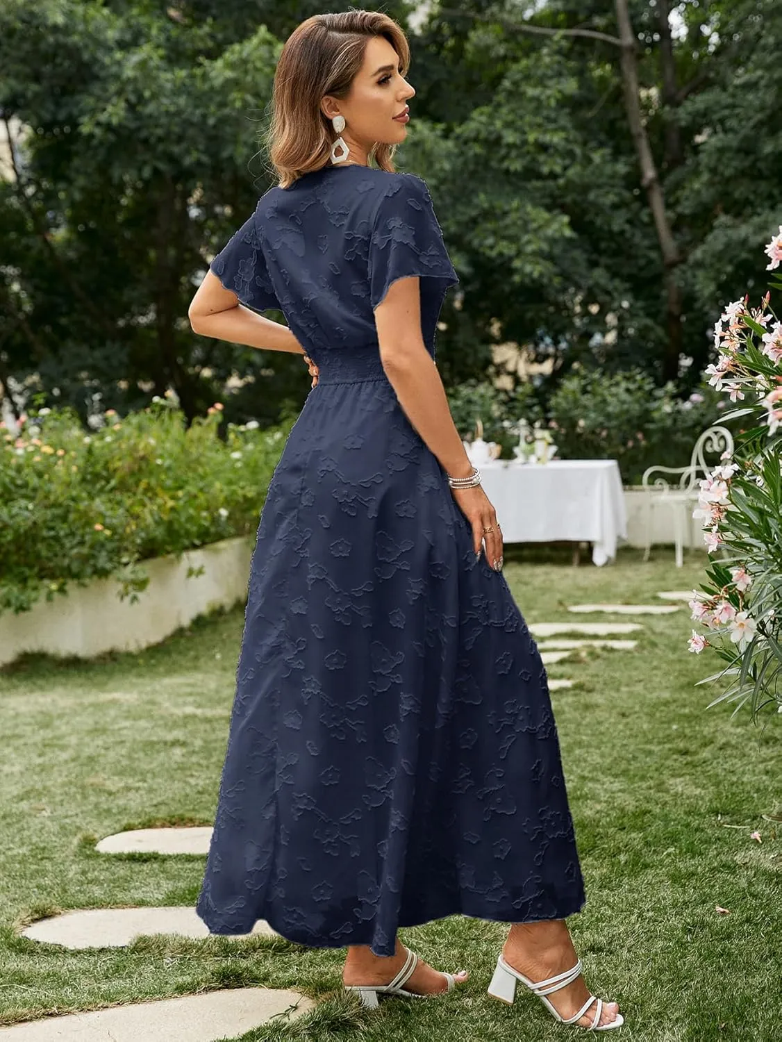 Simplee Women's Boho Floral Maxi Dress Flowy Casual V Neck Short Sleeve Wedding Guest Holiday Beach Long Dress