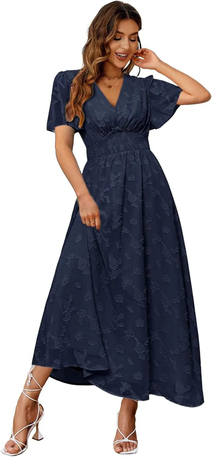 Simplee Women's Boho Floral Maxi Dress Flowy Casual V Neck Short Sleeve Wedding Guest Holiday Beach Long Dress