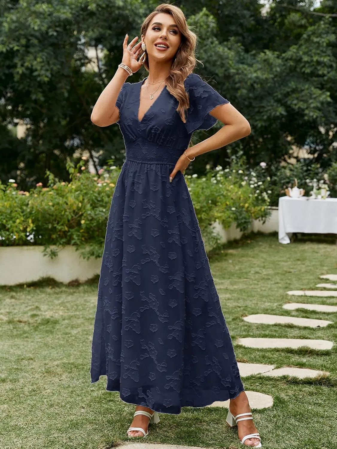 Simplee Women's Boho Floral Maxi Dress Flowy Casual V Neck Short Sleeve Wedding Guest Holiday Beach Long Dress