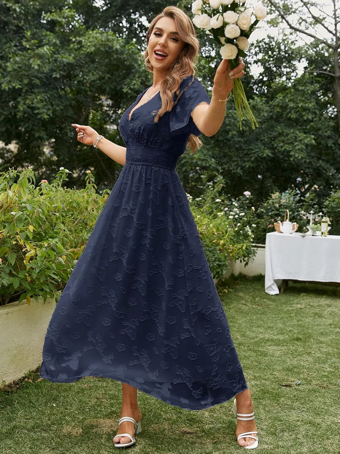 Simplee Women's Boho Floral Maxi Dress Flowy Casual V Neck Short Sleeve Wedding Guest Holiday Beach Long Dress