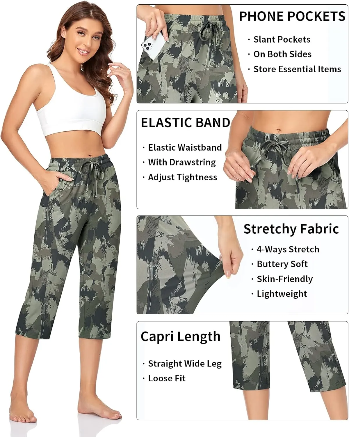 TARSE Women's Capri Yoga Pants Loose Soft Drawstring Workout Sweatpants Causal Lounge Pants with Pockets