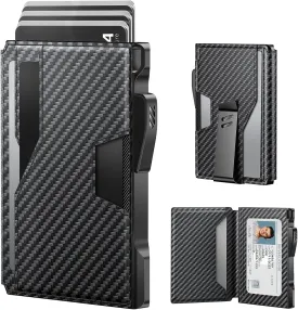 typecase Wallet for Men: Rfid-blocking with Money Clip Slim Leather Bifold ID Window Smart Pop Up Card Case Front Pocket Wallet with Gift Box (Carbon Fiber Black)