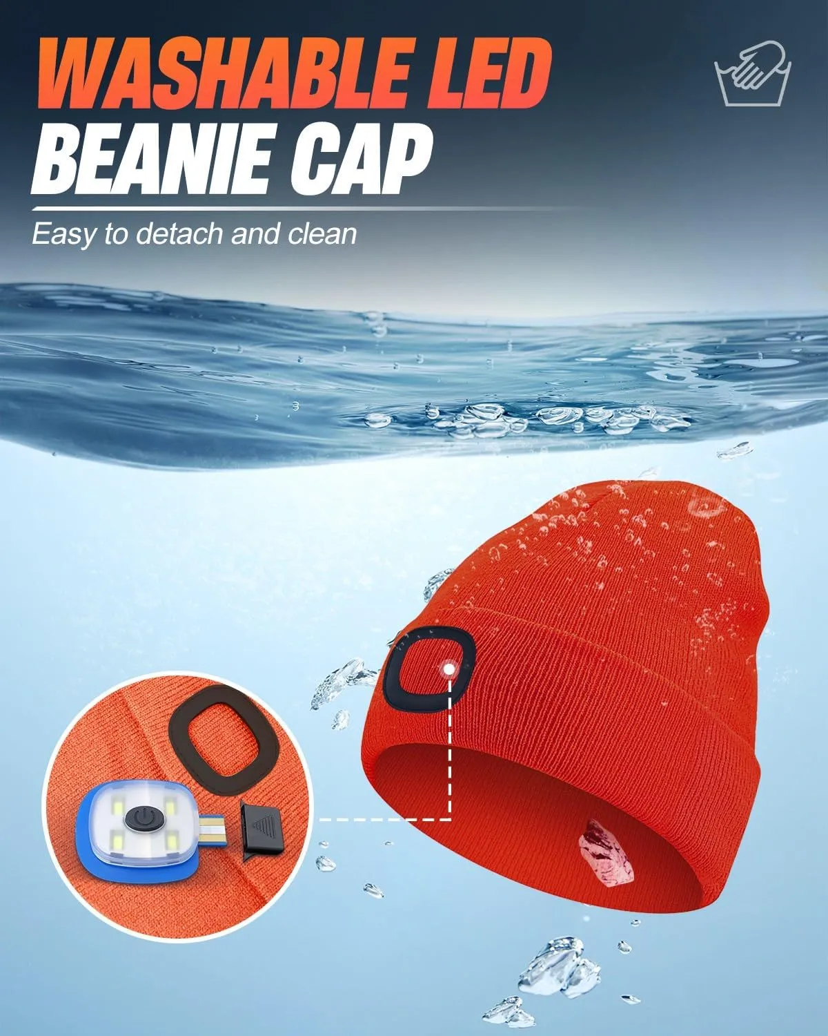Unisex Beanie with Light, USB Rechargeable LED Headlamp Hat, Christmas Stocking Stuffers Gifts, Warm Knitted Cap for Men Women Dad Mom Orange