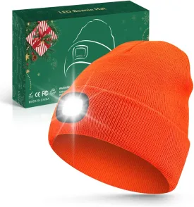 Unisex Beanie with Light, USB Rechargeable LED Headlamp Hat, Christmas Stocking Stuffers Gifts, Warm Knitted Cap for Men Women Dad Mom Orange