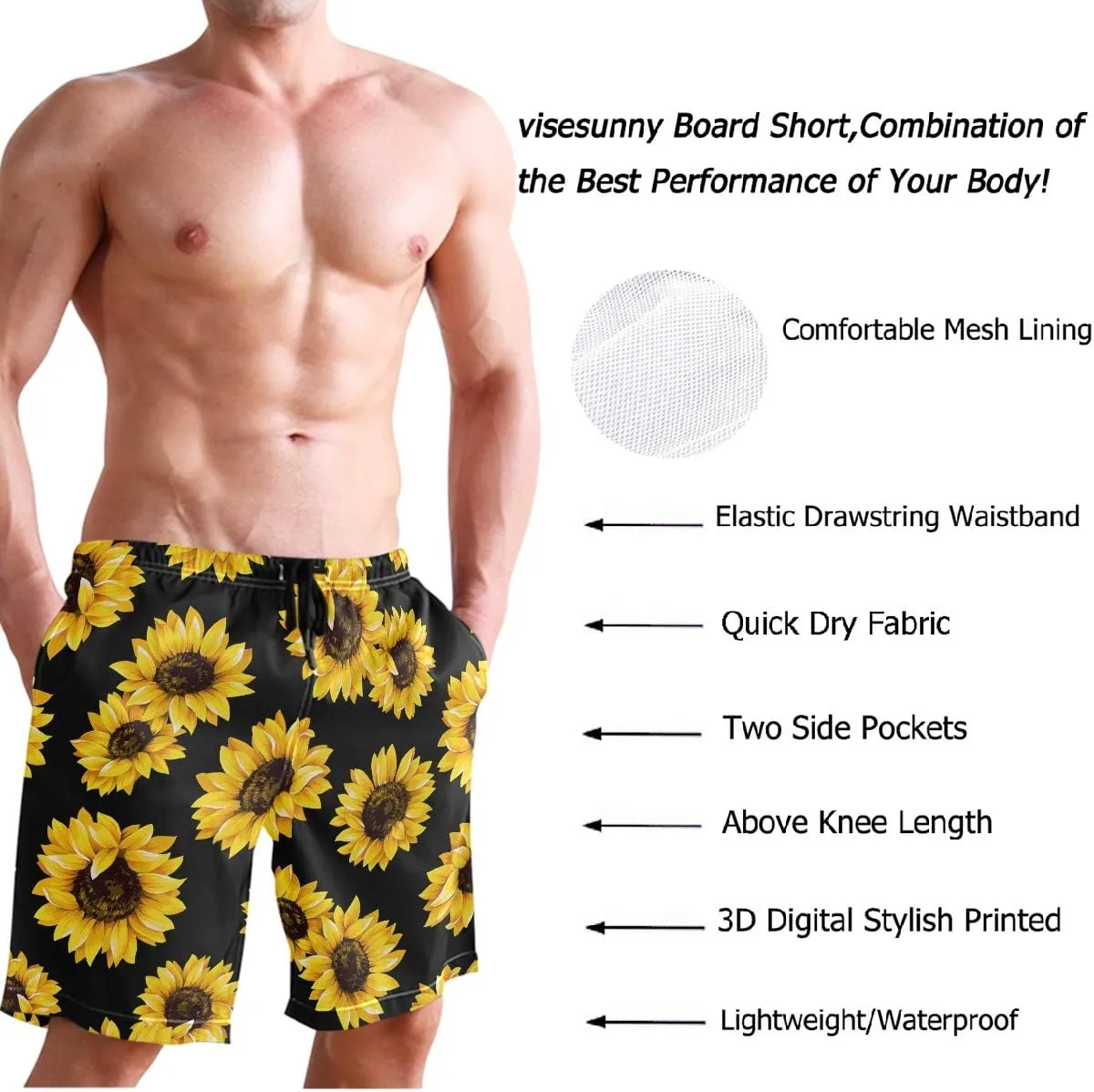 visesunny Men Swim Trunks Swimming Beach Surfing Board Shorts Swimwear Quick Dry Mesh Lining Bathing Suits with Pockets