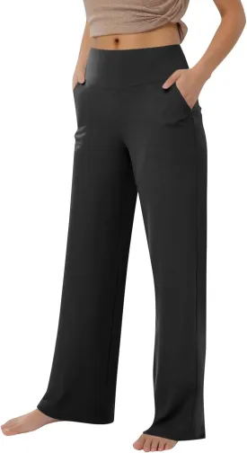 Wide Leg Yoga Pants for Women Elastic High Waisted Workout Pants Tummy Control Booty Lifting Soft Dance Pant w/Pocket