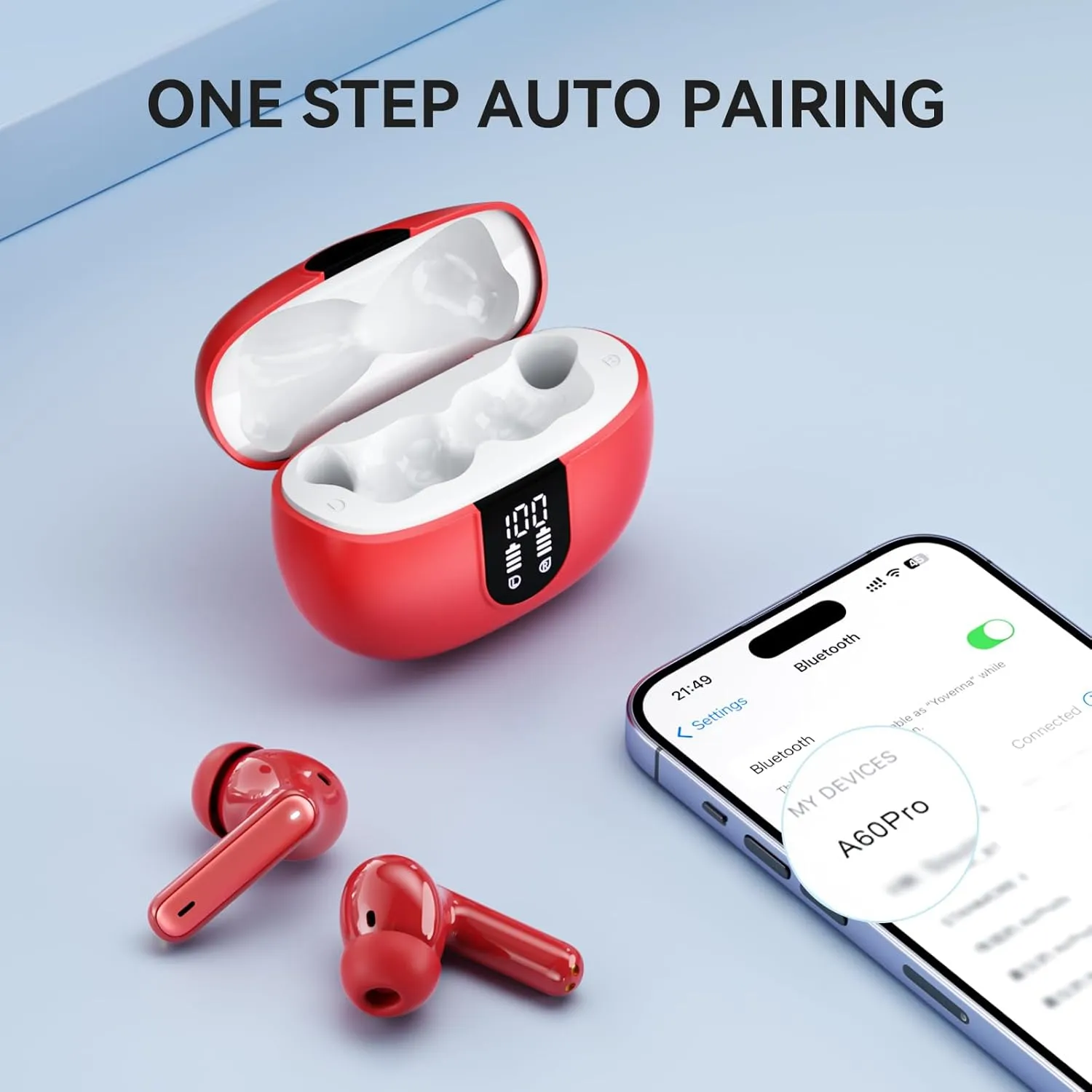Wireless Earbuds, Bluetooth 5.3 Headphones 40Hrs Playtime Deep Bass Stereo, LED Power Display, Call Noise Canceling Headphones with Mic, IP7 Waterproof Earphones for iOS Android Red