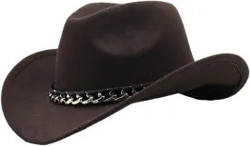 Women Men Cowboy Hat with Chain Decor Wide Brim Felt Cap Vintage Fedora Hat Outdoor Riding Sun Hat