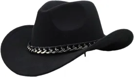 Women Men Cowboy Hat with Chain Decor Wide Brim Felt Cap Vintage Fedora Hat Outdoor Riding Sun Hat