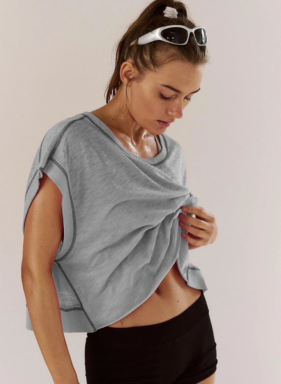 Women Short Sleeve Workout Shirts Open Back Tops Casual Yoga Y2k Athletic Gym Slouchy Crop Running Tees