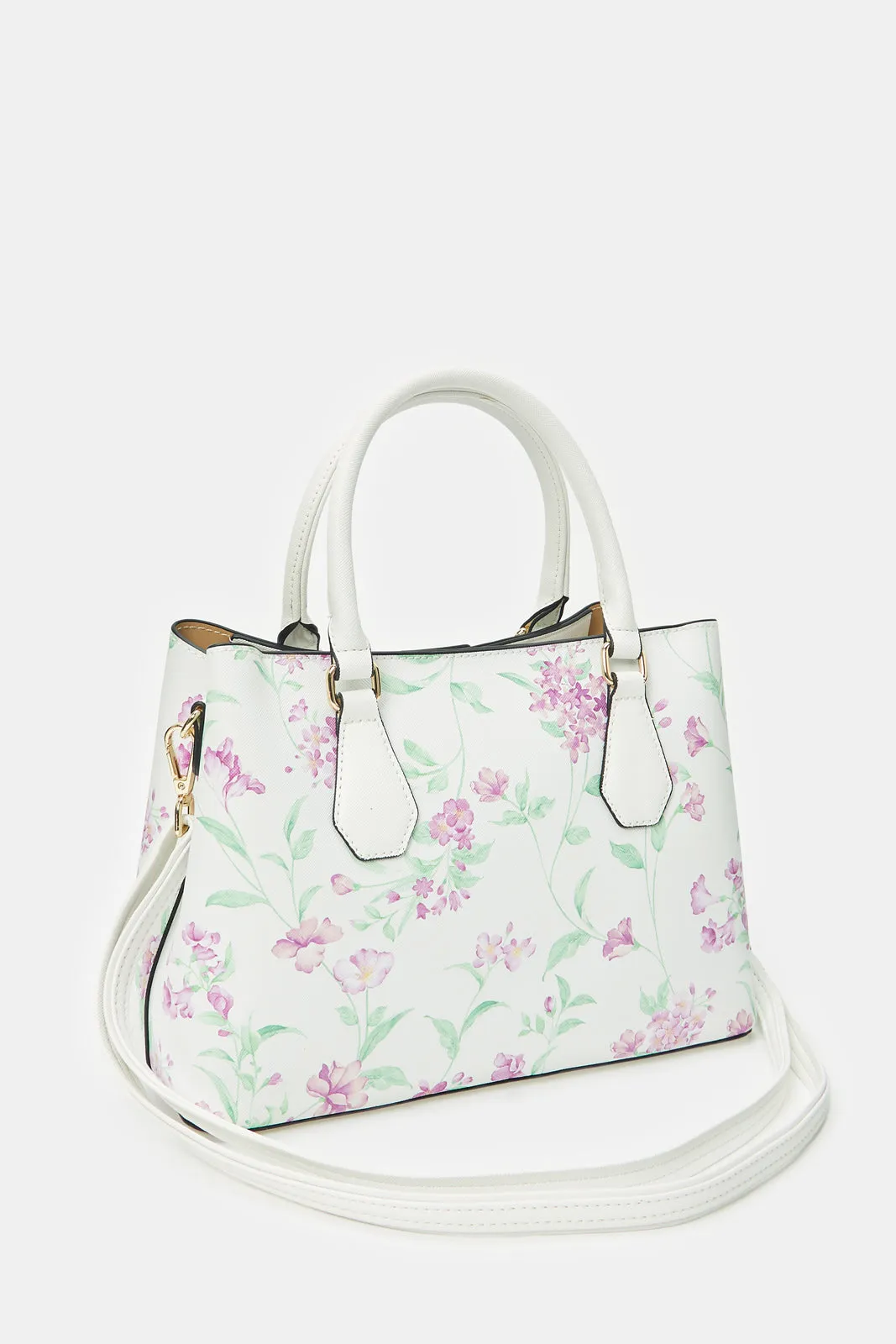 Women White Floral Printed Day Bag