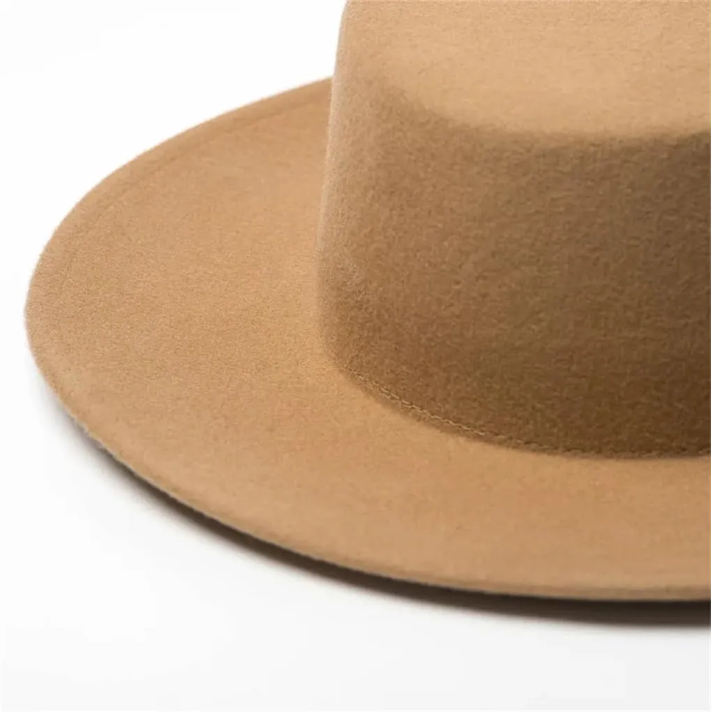 Wool Fedora Hats Women Round Flat Top Hat Wide Brim Solid Color Party Wedding Performance Cap