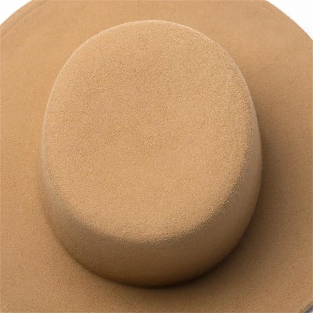 Wool Fedora Hats Women Round Flat Top Hat Wide Brim Solid Color Party Wedding Performance Cap