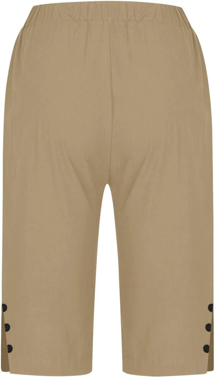 YRAETENM Linen Shorts for Women Casual High Waist Knee Length Bermuda Shorts Summer Lightweight Beach Pants with Side Buttons
